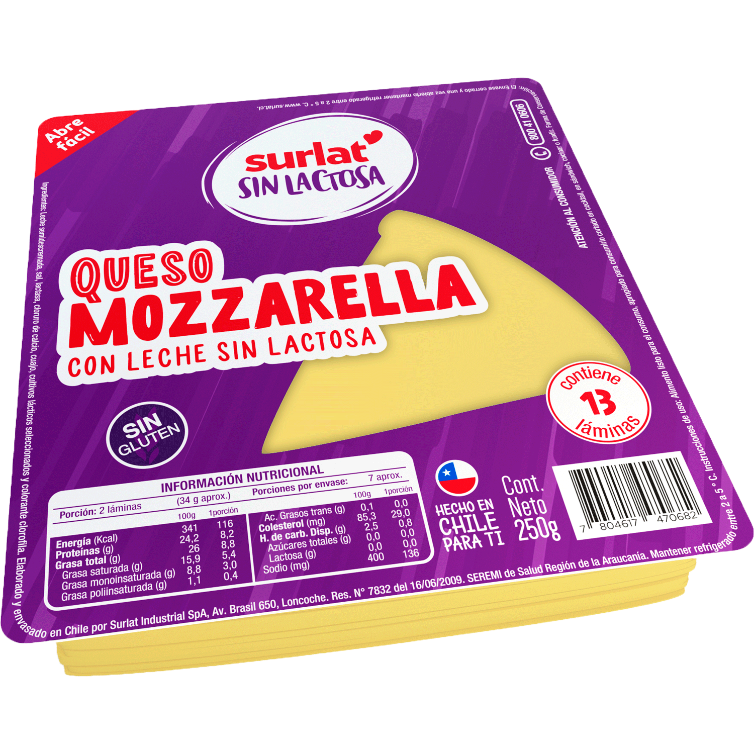 QUESO MOZZARELLA SIN LACTOSA LAMINADO 250 g