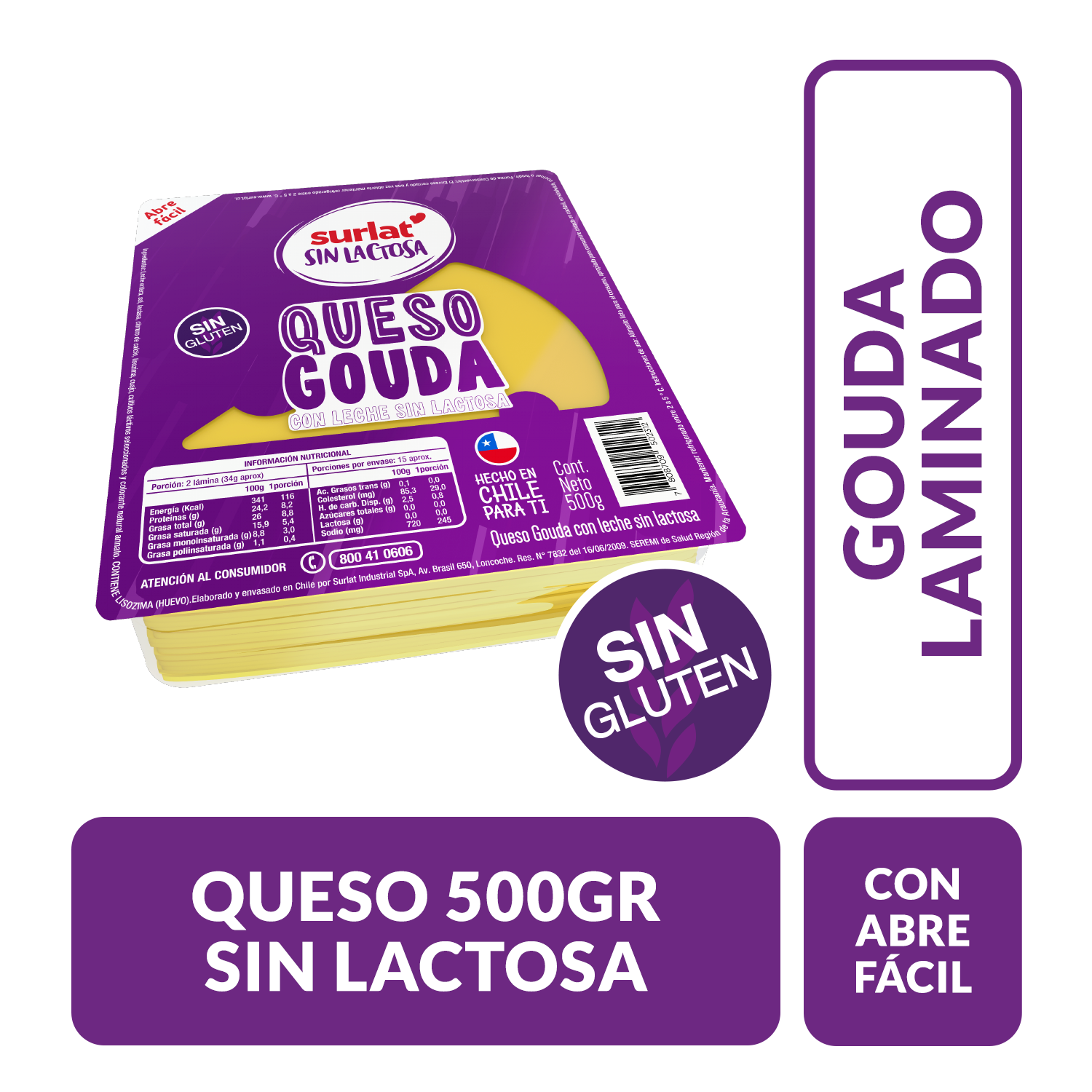 QUESO GAUDA LAMINADO SIN LACTOSA 500G